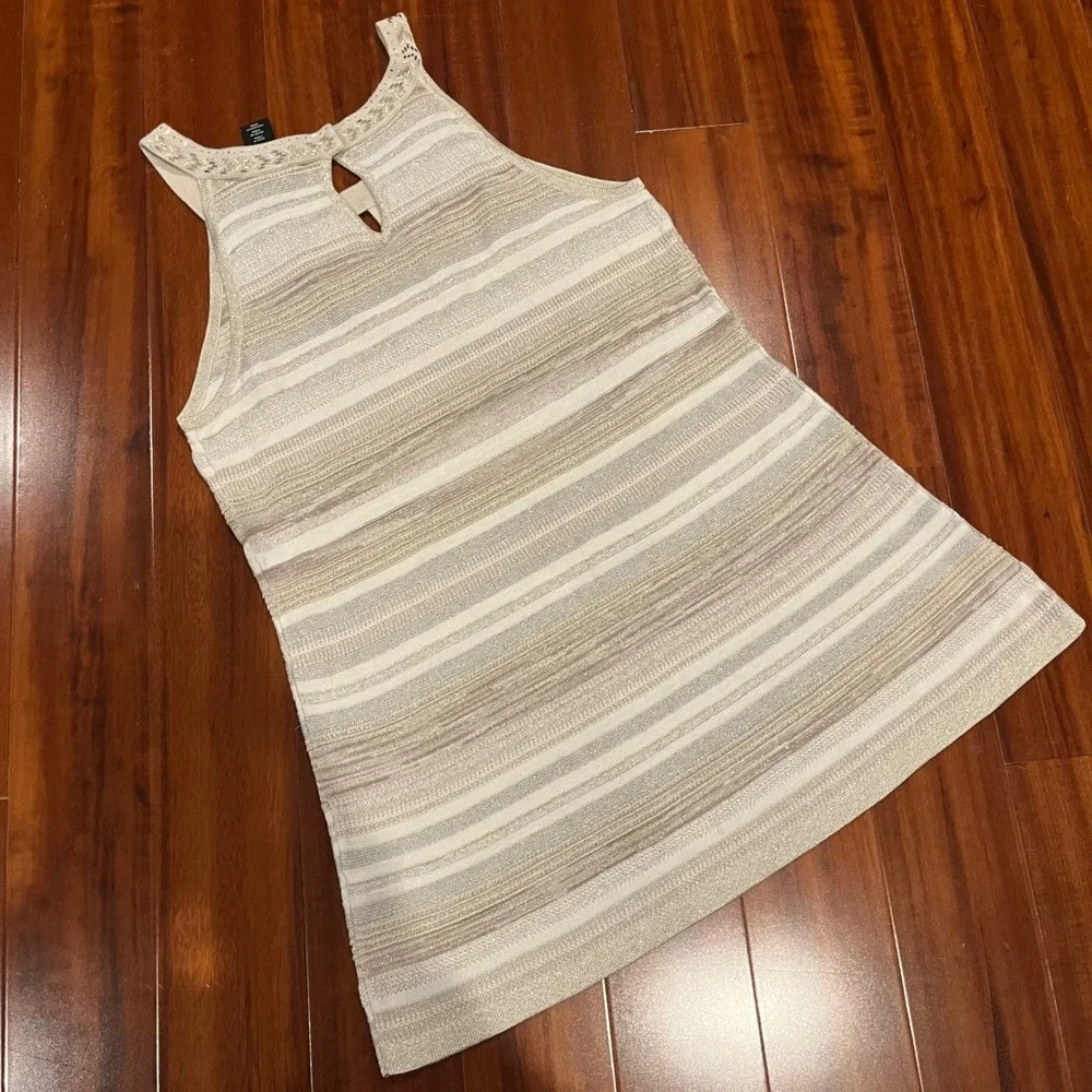 WHBM Knit‎ Tank Top White House Black Market Beaded Beige Metallic Stripe Small